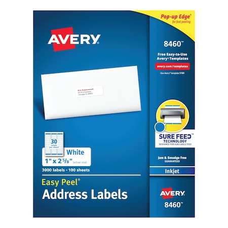 Avery Easy Peel White Address Labels w/Sure Feed, Inkjet, 1x2.63, PK3000 08460